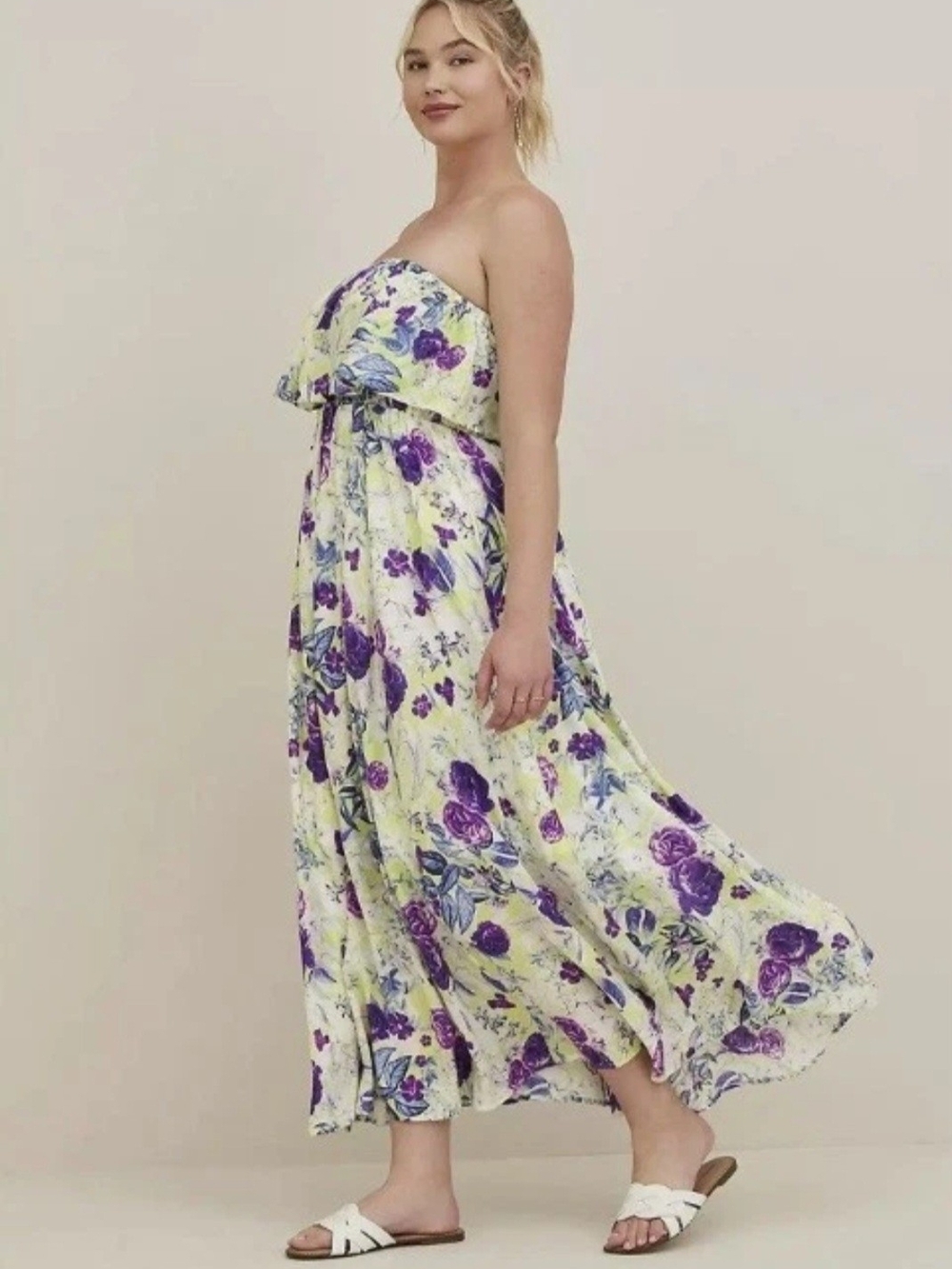 Torrid Sz 2 Strapless Floral Maxi Dress in Cream and Purple